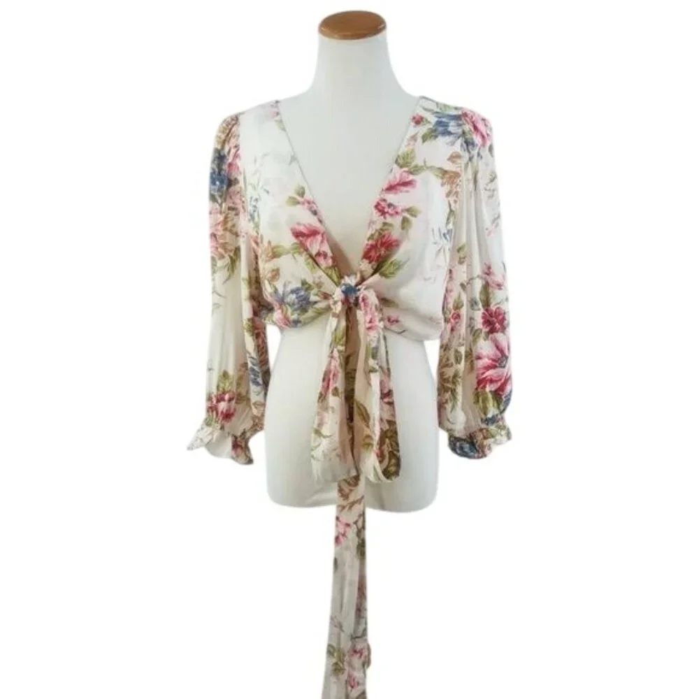 Auguste Vintage Inspired Floral Boho Tie Front Wrap Top Blouse - Picture 9 of 16